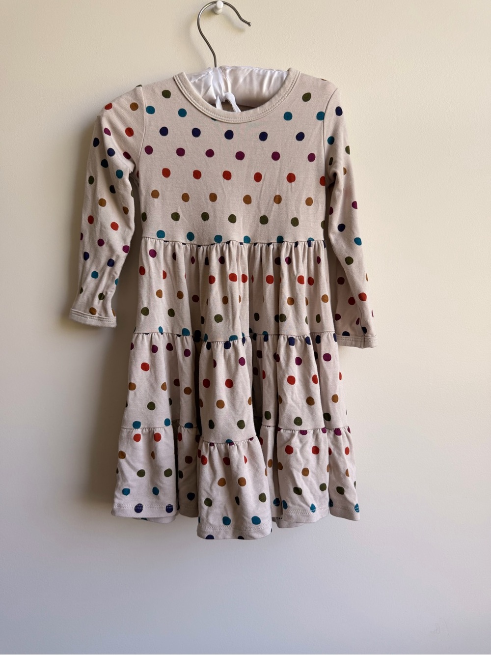 Kyte BABY Cream Long-Sleeve Tiered Dress with Multicolor Polka Dots